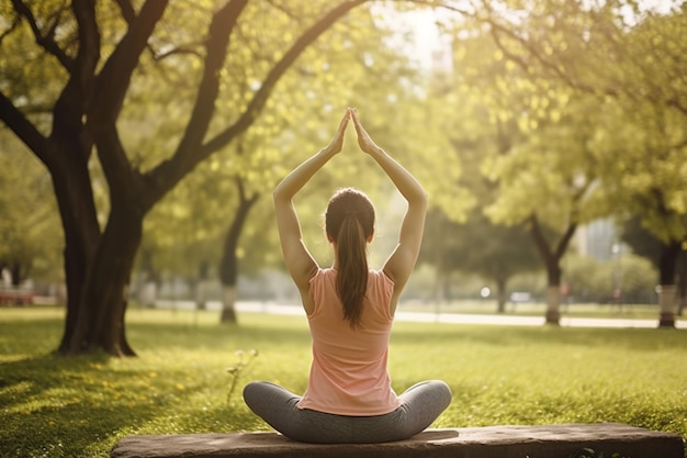 retrovisor de jovem praticando ioga em um parque público