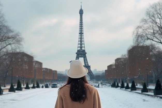 retrovisor Mujer caminando hacia la torre Eiffel con nieve