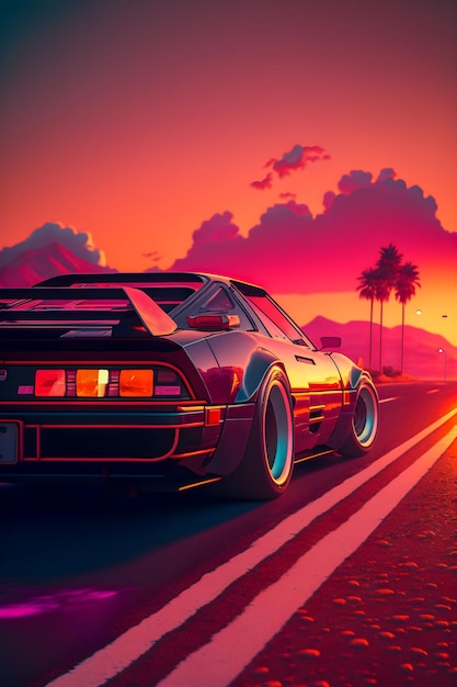 Retrowave-Autolandschafts-Synthwave-Illustration