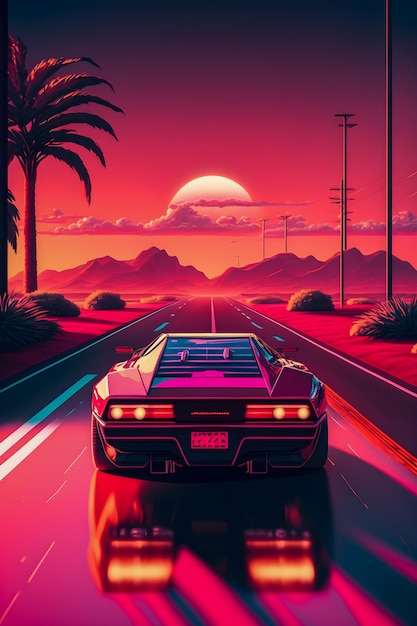 Retrowave-Autolandschafts-Synthwave-Illustration