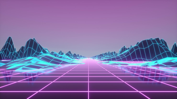 Foto retrowave horizonte paisaje con luces de neón y terreno de baja poli. representación 3d.