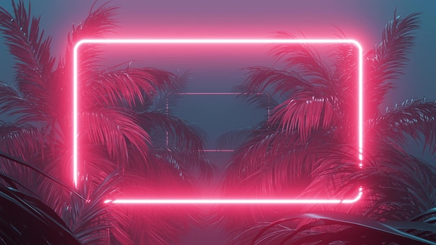 Retrowave leuchtender rechteckiger Rahmen erscheint im Zoom der tropischen Palme