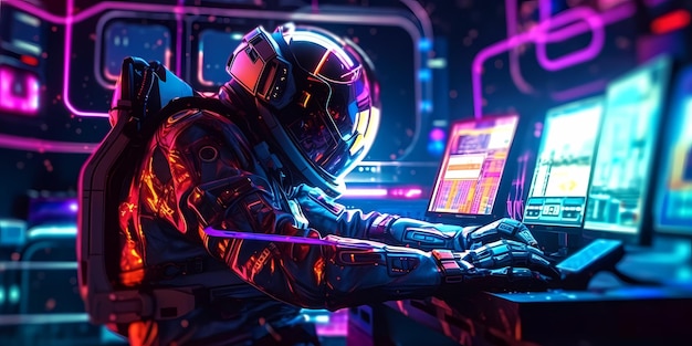 Retrowave Neon ilustração de homem vestindo traje espacial acessando terminal virtual Astronauta explorador de interface de dados alienígena Generative Ai