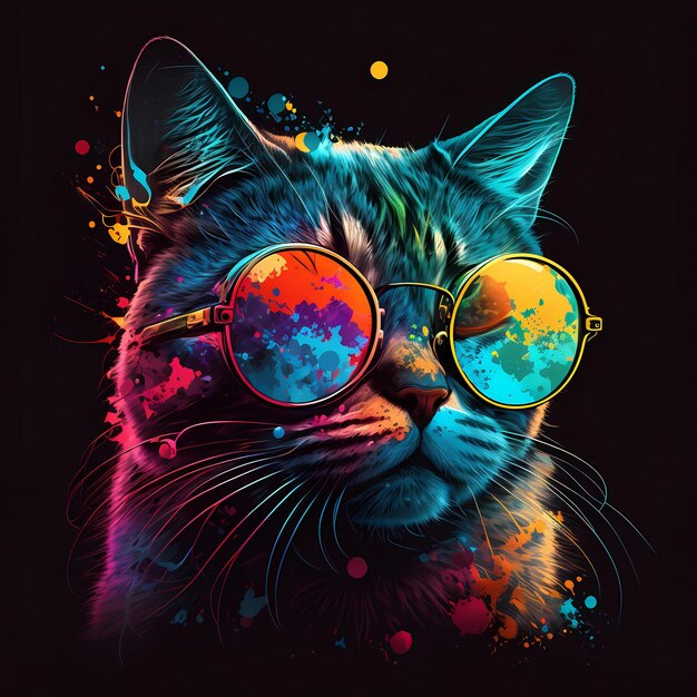 Retrowave retrato de gato com fundo preto