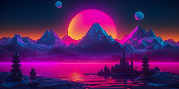 Retrowave-Sonnenuntergang in Low-Poly-Stil-Illustration