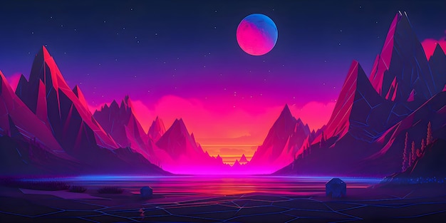 Retrowave-Sonnenuntergang in Low-Poly-Stil-Illustration