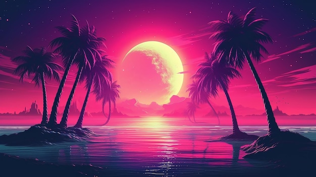 Retrowave synthwave ou vaporwave beach paisagem dos anos 80 Generative AI