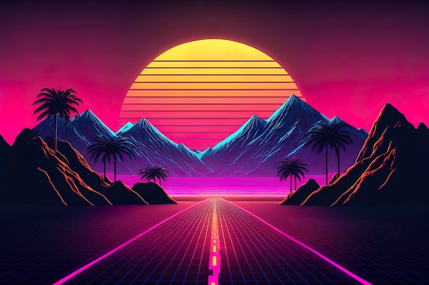 Retrowave synthwave vista traseira Fundo do pôr do sol do cyberpunk vaporwave dos anos 80 De volta ao papel de parede conceitual dos anos 80 Generative AI