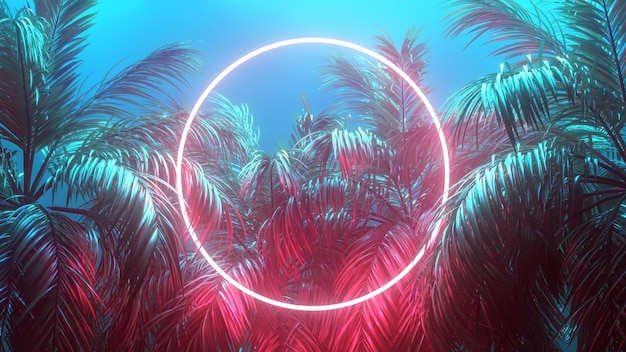 Retrowave Tropical Scene Palmas y marco brillante 3d render