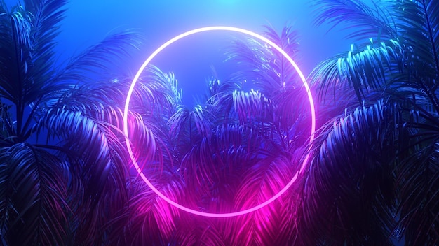 Retrowave tropische Szene Palmen und leuchtender Rahmen 3D-Rendering