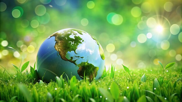 Retten Sie die Welt, retten Sie die Umwelt Die Welt ist im Gras des grünen Hintergrunds