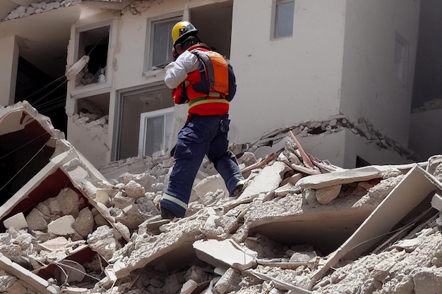 Retter in Uniform und Helm demontieren die Trümmer von Häusern nach dem Erdbeben die zerstörte Stadt und mehrstöckige Gebäude vernichten die Folgen eines starken Erdbebens Generative KI