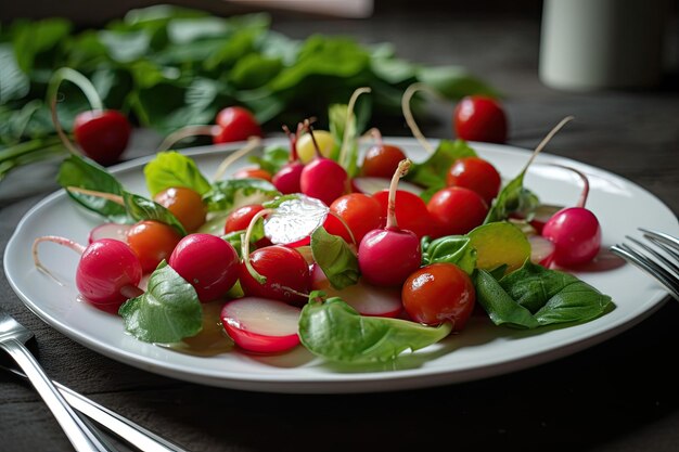 Rettichsalat mit roten Kirschtomaten, grünen Blättern und Balsamico-Vinaigrette