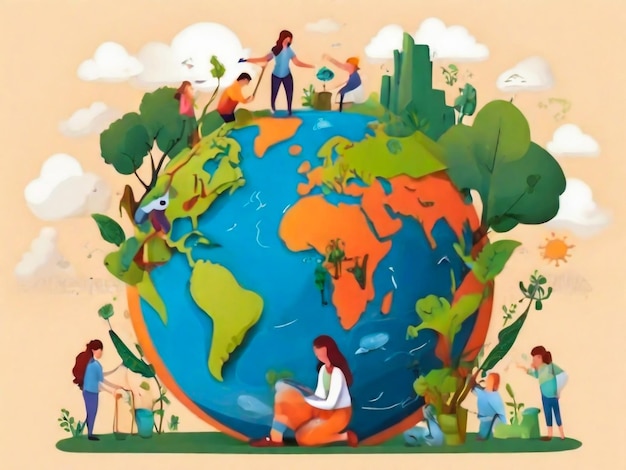 Rettung des Planeten-Konzeptes mit Menschen, die sich um die Erde kümmern