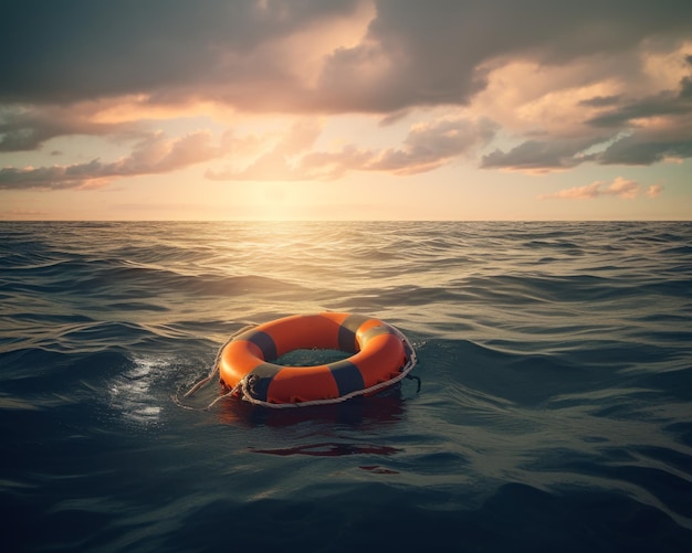 Rettungsboje, die bei Sonnenuntergang im Ozean schwimmt Ein Rettungsschirm, der in der Mitte des Ozeans schwimmt