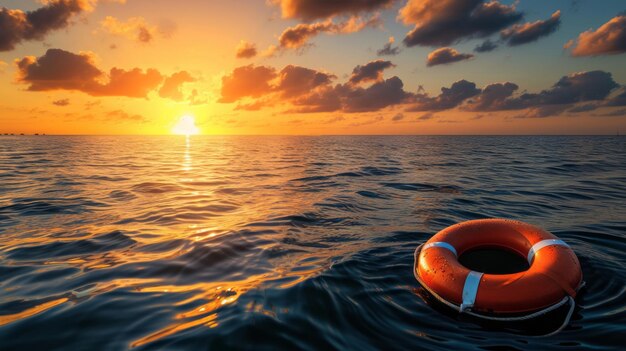 Rettungsboje schwimmt bei Sonnenuntergang auf offener See Rettungssicherheit und Hoffnung Konzept