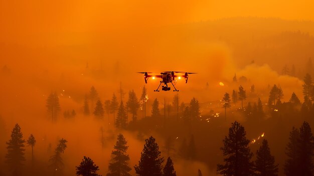 Rettungsdrohne fliegt in einer Waldbrandzone mit Rauch und orangefarbenem Himmel als Hintergrund