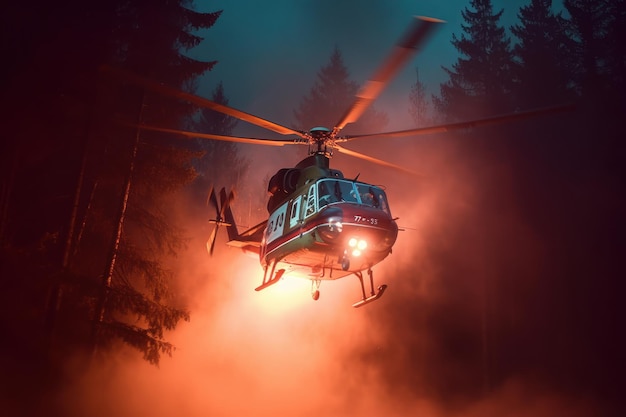Rettungshubschrauber löscht einen Waldbrand, indem er eine große Menge Wasser auf einen brennenden Nadelbaum wirft