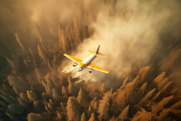 Rettungslöschflugzeuge löschen einen Waldbrand, indem sie Wasser auf einen brennenden Nadelwald schütten. Wälder retten, Waldbrände bekämpfen. Vogelperspektive, Kiefernwald im Hintergrund, 3D-Rendering