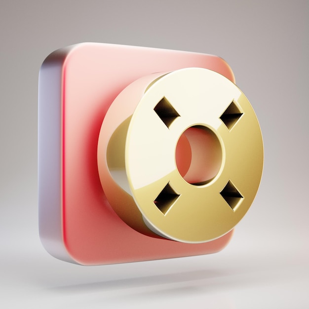 Rettungsring-Symbol. Goldenes Life-Ring-Symbol auf roter Mattgoldplatte. 3D-gerendertes Social Media-Symbol.