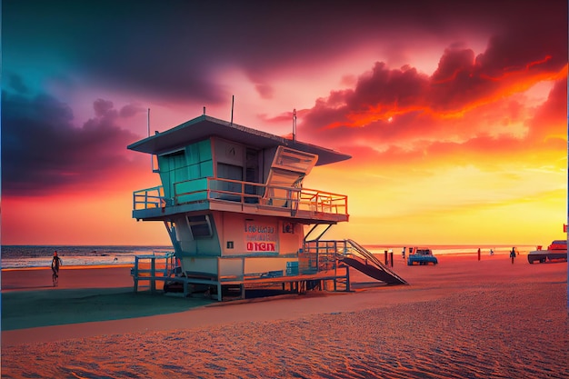 Rettungsschwimmerturm am Strand von Santa Monica, Los Angeles, Cal