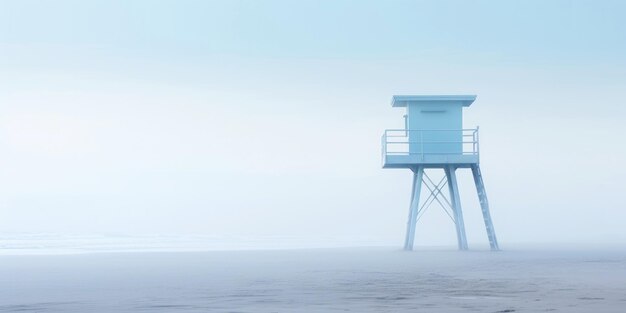 Rettungsturm in einem weißen Nebel an einem Strand am Meer Einsame Landschaft mit Wachturm Generative KI