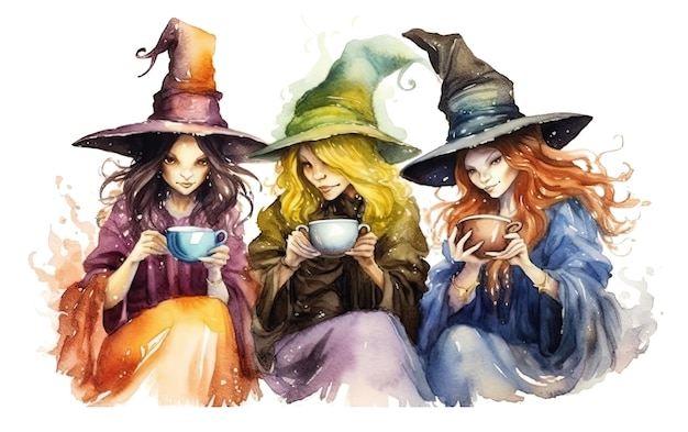 Reubicación de brujas tomando café y hablando sobre fondo transparente Ai generativo