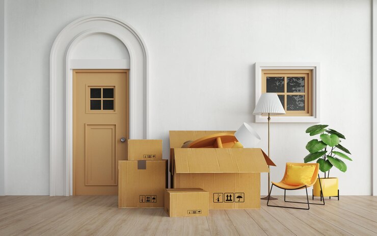 Reubicación de muebles en cajas Servicio de mudanza a una nueva casa o concepto para la compra de entrega de muebles