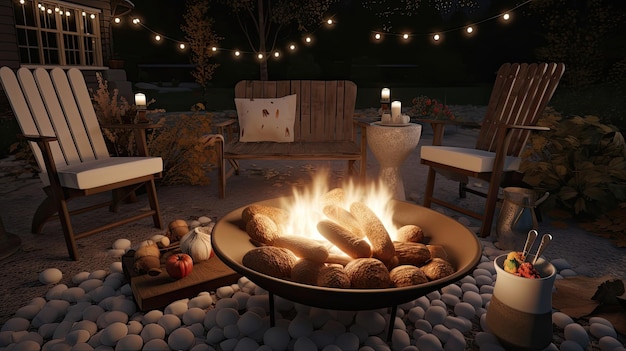 Reúna seus entes queridos e aproveite o calor de uma aconchegante festa na fogueira no quintal, completa com s'mores tostados e bebidas quentes Gerada por IA