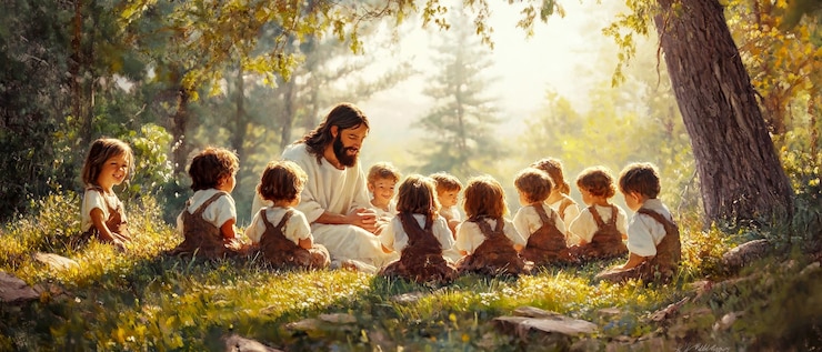 Foto reunião alegre de crianças com jesus sob as árvores quentes e iluminadas pelo sol, num ambiente pacífico ao ar livre