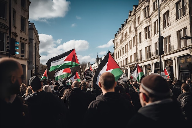 Reunião de apoio ao povo palestino com bandeiras palestinas