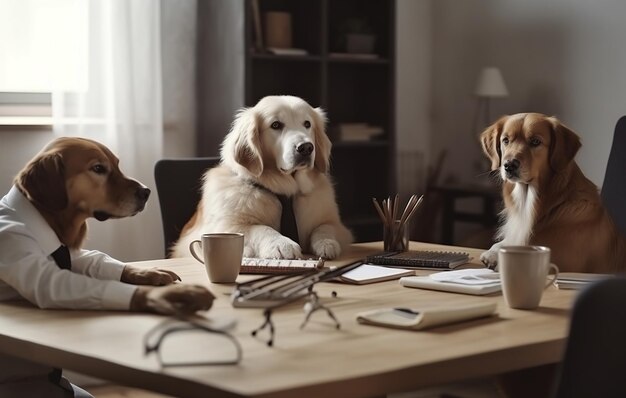 Reunião de cães em roupas de negócios em torno de um conceito de trabalho de mesa criado por IA generativa