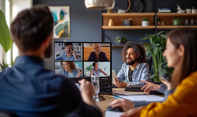 Foto reunião de equipe virtual com colegas em vários locais