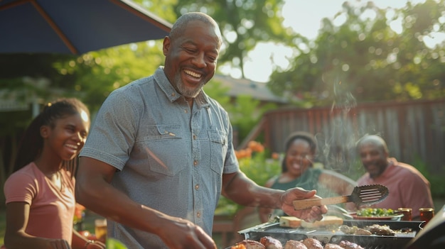Reunião de família alegre para um churrasco no quintal homem idoso grelhando com risos e união