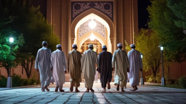 Foto reunião de homens muçulmanos na mesquita durante a oração da noite