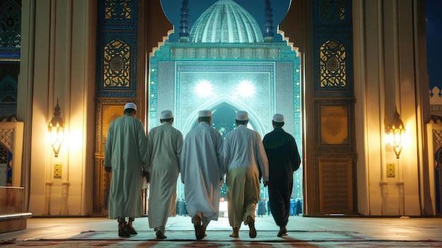 Foto reunião de homens muçulmanos na mesquita durante a oração da noite