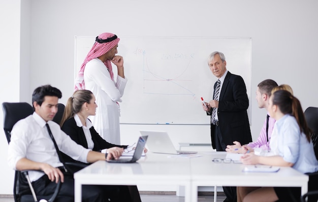 Reunião de negócios - Bonito jovem árabe apresentando suas ideias aos colegas e ouvindo ideias para investimentos de sucesso na sala de escritório moderna e brilhante