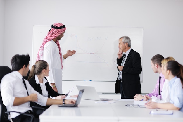 Reunião de negócios - Bonito jovem árabe apresentando suas ideias aos colegas e ouvindo ideias para investimentos de sucesso na sala de escritório moderna e brilhante