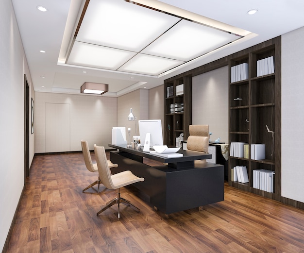 Reunião de negócios de luxo de renderização 3D e sala de trabalho no escritório executivo