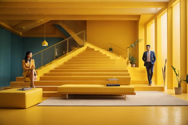 Reunião de negócios de renderização 3D e sala de trabalho amarela com escada