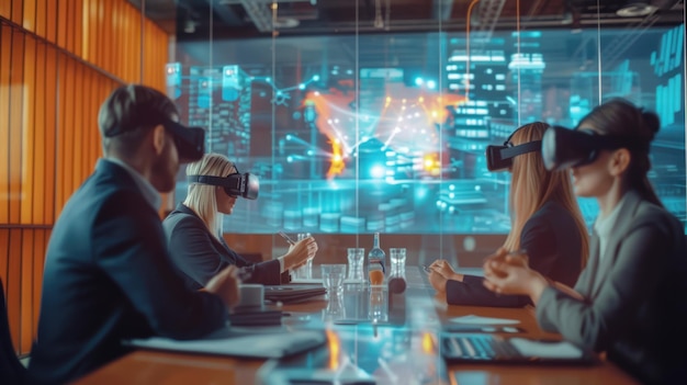 Reunião de negócios demonstrando a integração da tecnologia VR nas discussões corporativas
