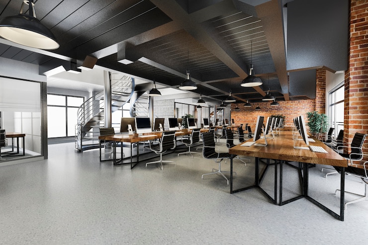 Foto reunião de negócios e sala de trabalho no armazém de escritório de estilo loft de indústria
