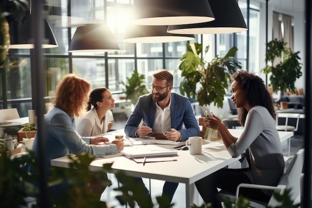 Reunião de negócios Grupo de jovens empresários em roupas casuais inteligentes discutindo algo enquanto estão sentados à mesa no escritório Diversos empresários tendo uma reunião de equipe Gerada por IA