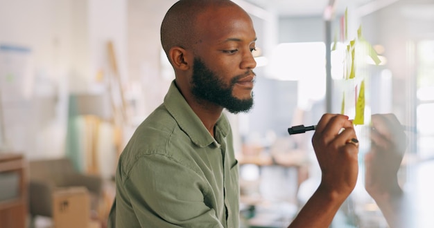 Reunião de notas adesivas e empresário escrevendo visão de ideia e brainstorming no escritório Homem negro com post-its na parede de vidro para apresentação em reunião de negócios pensando e trabalhando em ideias