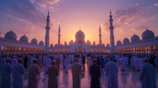 Reunião de oração do Eid alAdha na mesquita durante o pôr do sol