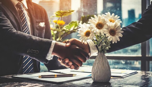 Reunião de parceria de negócios Imagem de empresários apertando a mão de uma flor em um vaso nas costas Gerada por IA