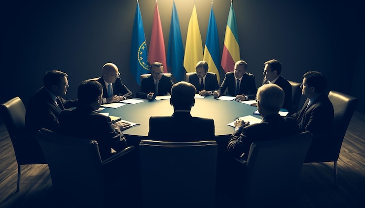 Foto reunião de sete presidentes em torno da mesa redonda das nações unidas