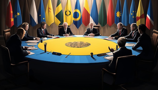 Foto reunião de sete presidentes em torno da mesa redonda das nações unidas