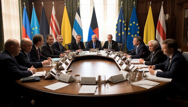 Foto reunião de sete presidentes em torno da mesa redonda das nações unidas