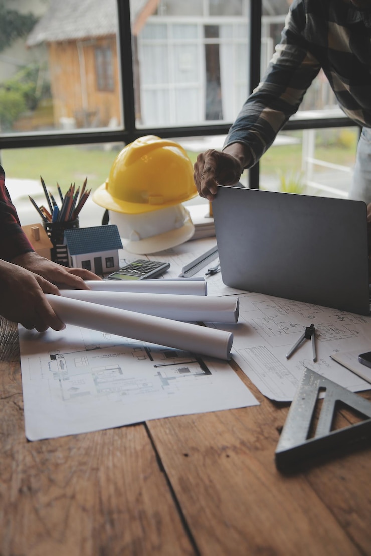 Foto reunião de trabalho em equipa de engenheiros trabalho de desenho em reunião de projecto trabalho com o parceiro na construção de modelos e ferramentas de engenharia no local de trabalho conceito de construção e estrutura